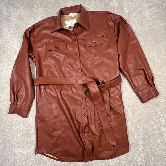 Cara Santana Nine West NWT Brown Faux Leather Belted Button Midi Jacket Women XL - Picture 1 of 15